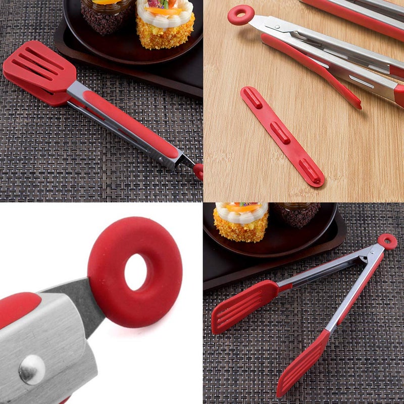 STARUBY Cooking Tongs 9 inches and 12 inches Stainless Steel Kitchen Silicone Serving Tong Heat Resistant Meat Turner Spatula Tong Fish Tongs with Locking Handle Joint (Red) - Image 5